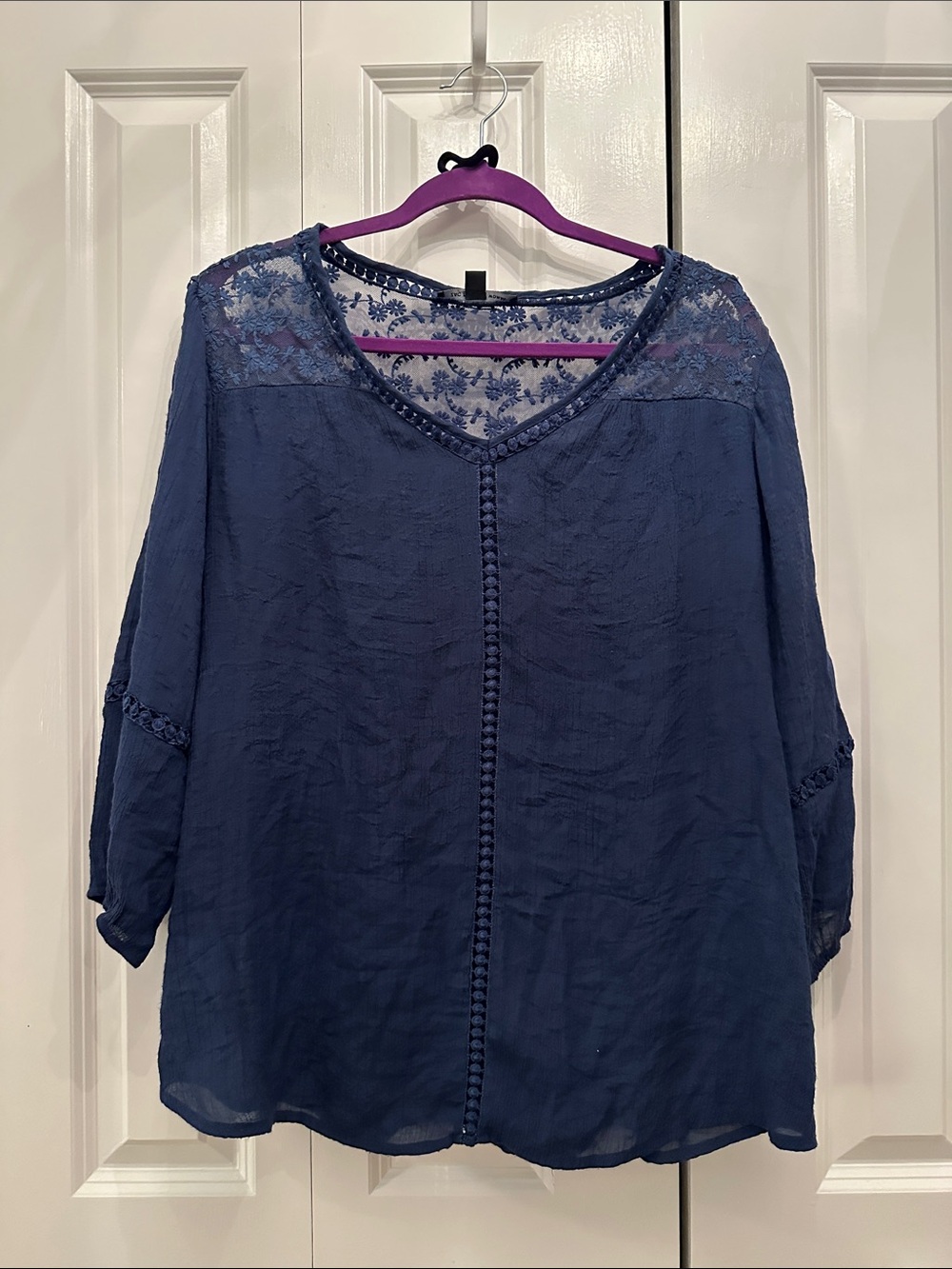 Zac & Rachel Navy Lace Yoke V-Neck Peasant Blouse 1XL